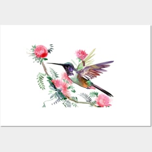 Hummingbird and Pink Flowers Posters and Art